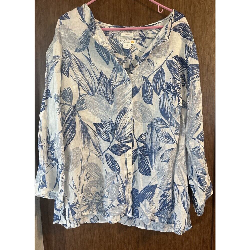 C&C California 100% linen Button Down 3/4 Sleeve Floral Hawaiian 1x Top Nice